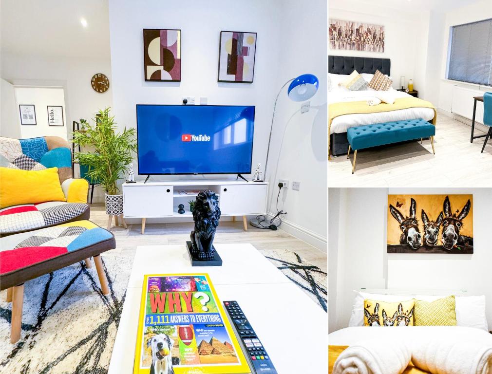 Golders GreenFully Furnished 2 Bed Luxury Apartment with Free Parking,10 mins drive to Wembley Stadium, 5 mins drive to Brent Cross Shopping Mall & Free Parking的客厅里的照片拼凑而成,配有电视