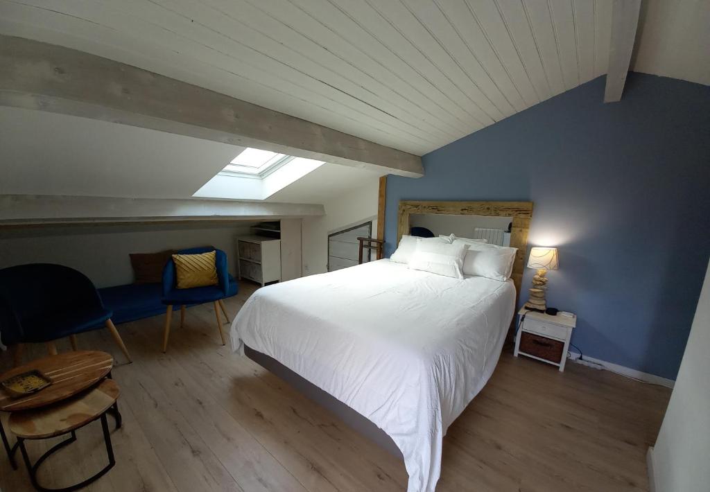 CarignanTy'Château Carignan de Bordeaux B&B的卧室配有白色的床和蓝色的墙壁