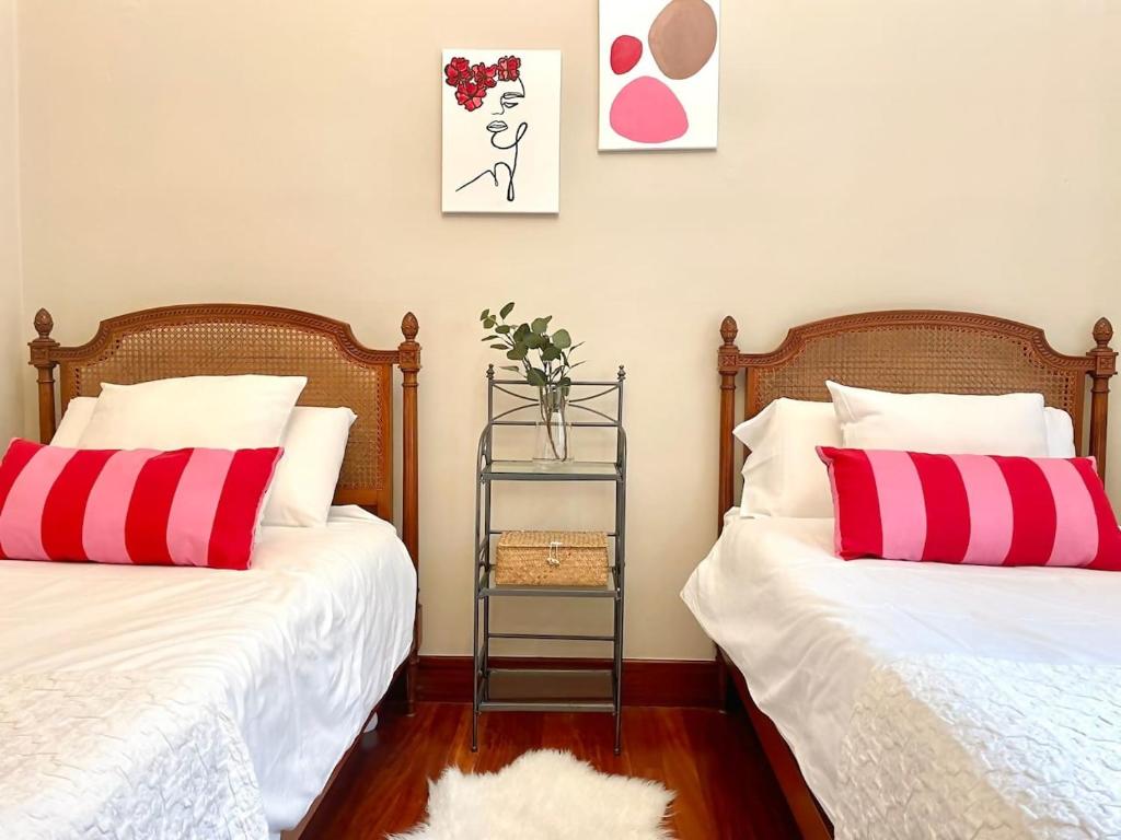 毕尔巴鄂Casa PilarCasco Viejo Wifi的两张带红色和白色枕头的床