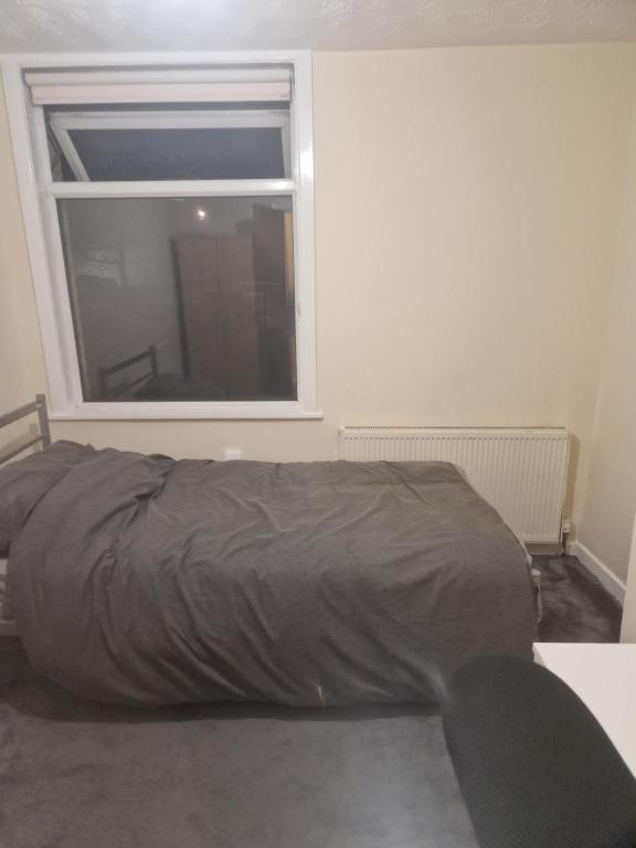 罗奇代尔Cozy Bedroom in Spacious House Manchester的卧室在窗户前配有一张床
