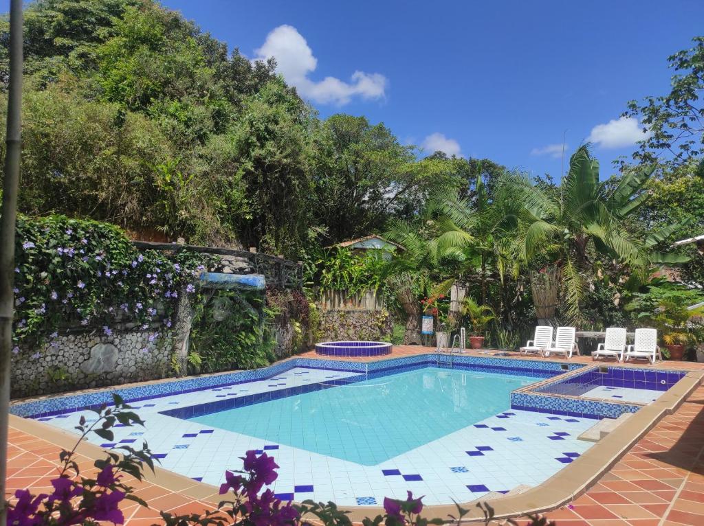 圣拉菲尔Sendero del Rio Finca Hotel的庭院内的游泳池,带椅子和树木