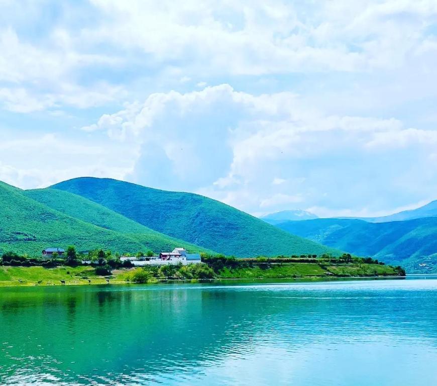 KukësSuperPanorama GuestHouse的享有以山脉为背景的湖泊美景