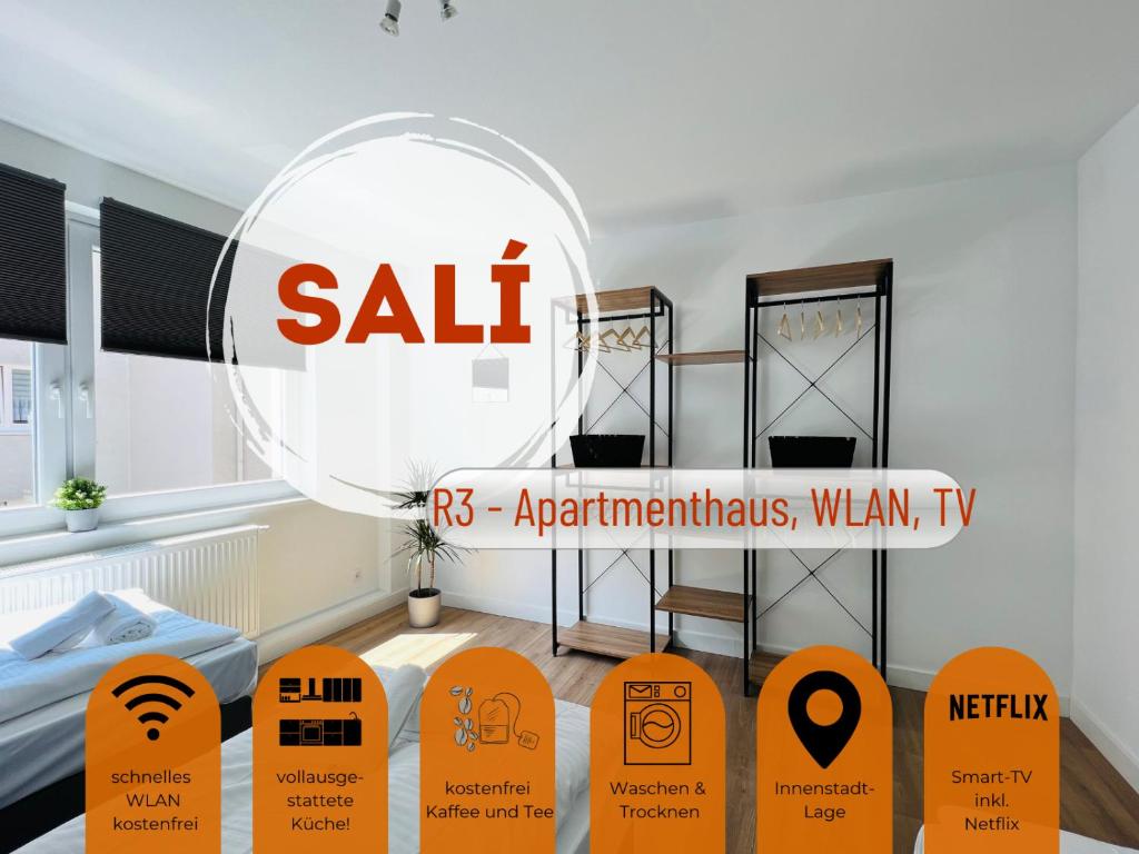 雷姆沙伊德Sali - R3 - Apartmenthaus, WLAN, TV的一间有橙色标志的房间,房间带一张床