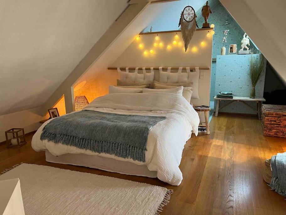 Dion-le-MontMaison cosy的卧室配有一张带灯的白色大床