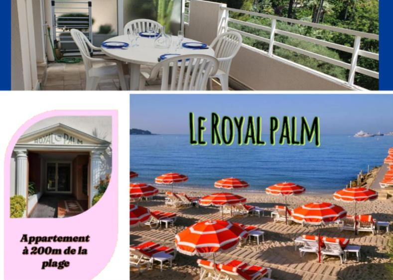 胡安莱潘Royal Palm Juan les pins -Appartement 53M2 avec terrasse ensolleillée 5e dernier étage 200m de la plage的海滩上一组桌椅和遮阳伞
