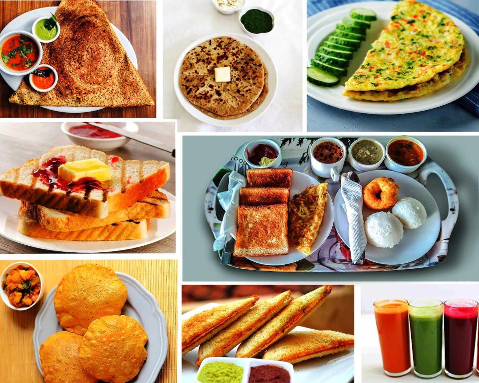 孟买Hotel Adore Residency的各种早餐食品图片的拼贴