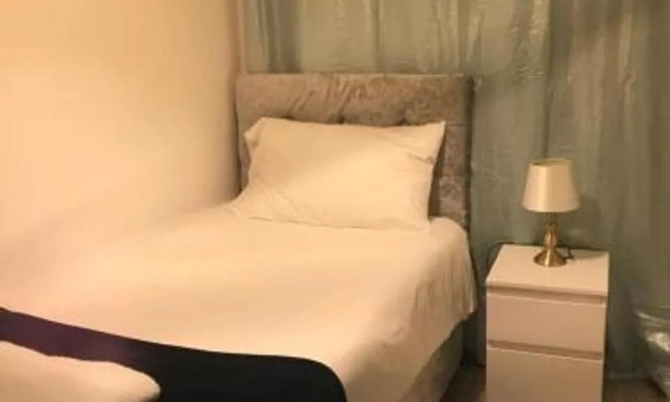 巴塞尔顿Everlight Basildon House的卧室配有白色的床和床头柜上的灯