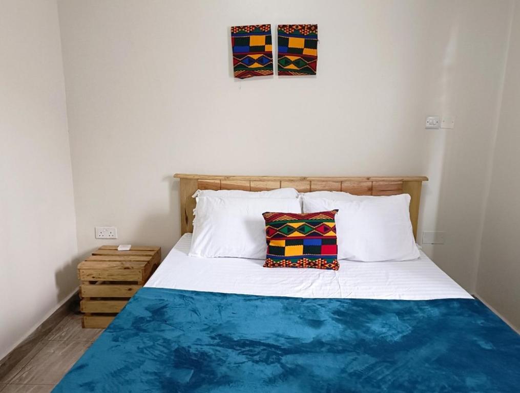 金贾Amaryllis blue,8mins source to River Nile,secure, peaceful, central great location的一张床上有两个枕头的房间