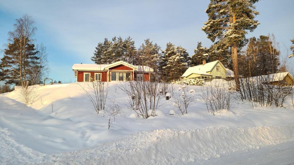 胡迪克斯瓦尔Charming cottage in Forsa, Hudiksvall with lake view的雪覆盖的山丘上的房子