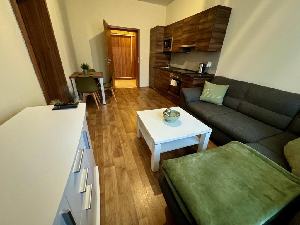 特普利采Apartmány Laubeho náměstí的客厅配有沙发和桌子