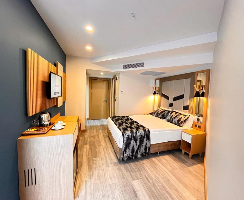 伊斯坦布尔Downtown Sirkeci Hotel的配有一张床和一张书桌的酒店客房