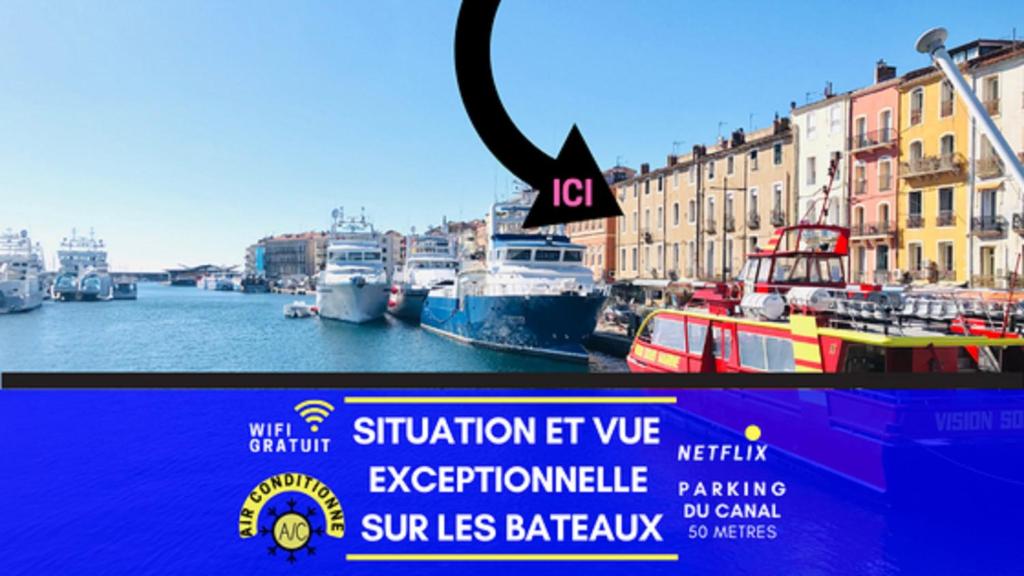 塞特港MAGNIFIQUE APPART 102 m2 AU BORD DE L'EAU HYPER CENTRE的电视屏幕上显示海港的画面,有船只
