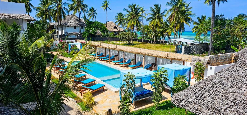 平圭Pingwe Beach Apartments的享有度假胜地的空中景致,设有椅子和游泳池
