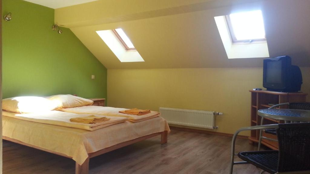 Tāšu-PadureSpāres的一间卧室配有一张带绿色墙壁和天窗的床。