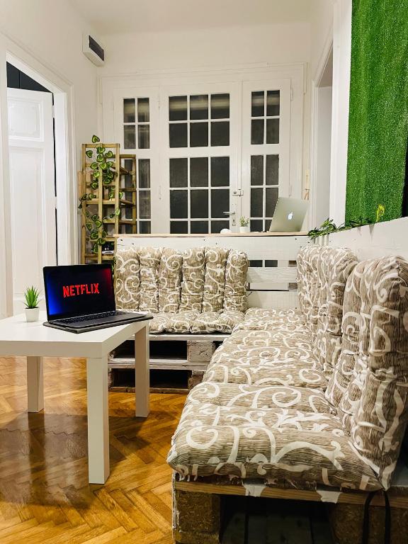 诺维萨德Hostel Green World的带沙发和笔记本电脑桌的客厅