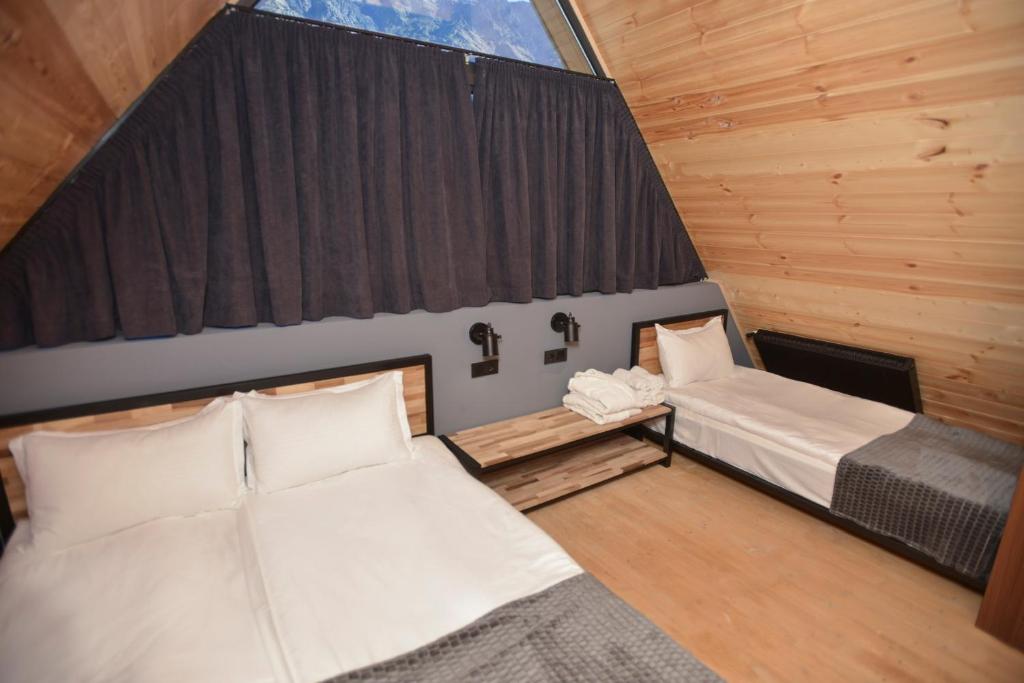 卡兹贝吉Kazbegi Story的小房间设有两张床和窗户