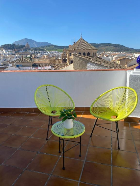 安特克拉Casa Vera, vistas en el corazon de la ciudad的屋顶上两把绿色椅子和一个花瓶