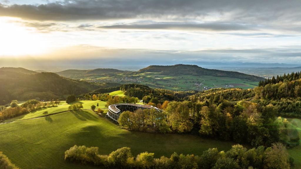 HorbenLuisenhöhe - Gesundheitsresort Schwarzwald的山上绿色田野上的建筑