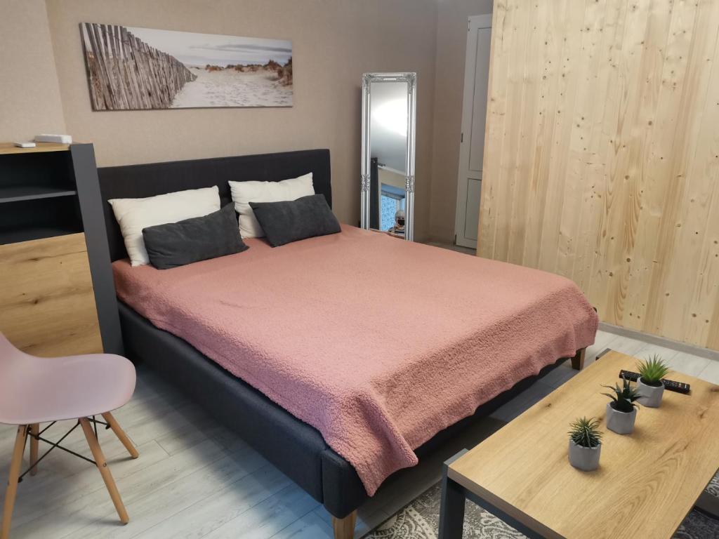 乌日霍罗德Апартаменты в центре Ужгорода СКАЛА的一间卧室配有一张带粉红色床罩的床