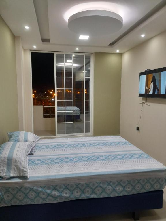马查拉jonca的一间卧室设有一张床、一台电视和一个窗口。