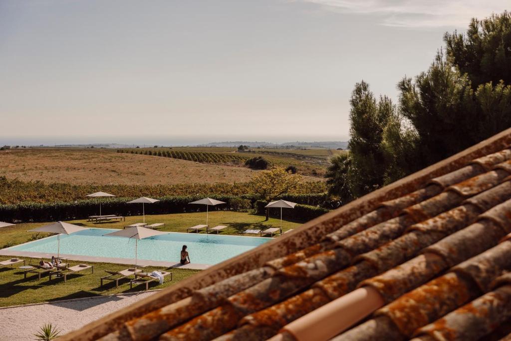 门菲Masseria del Carboj的从房子屋顶上可欣赏到游泳池的景色