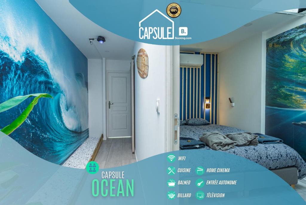 瓦朗西纳Capsule océan - Jacuzzi - Billard - Netflix - 2 Chambres - Cuisine的卧室的墙上装饰有波浪画