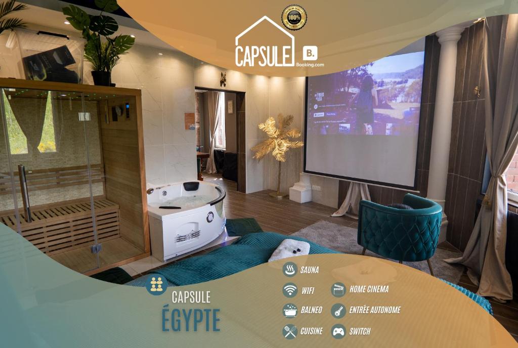 CrespinCapsule Egypte - Jacuzzi - Sauna - Billard - Netflix & Home cinéma - Nintendo switch & jeu -的客厅配有大屏幕电视和电视。