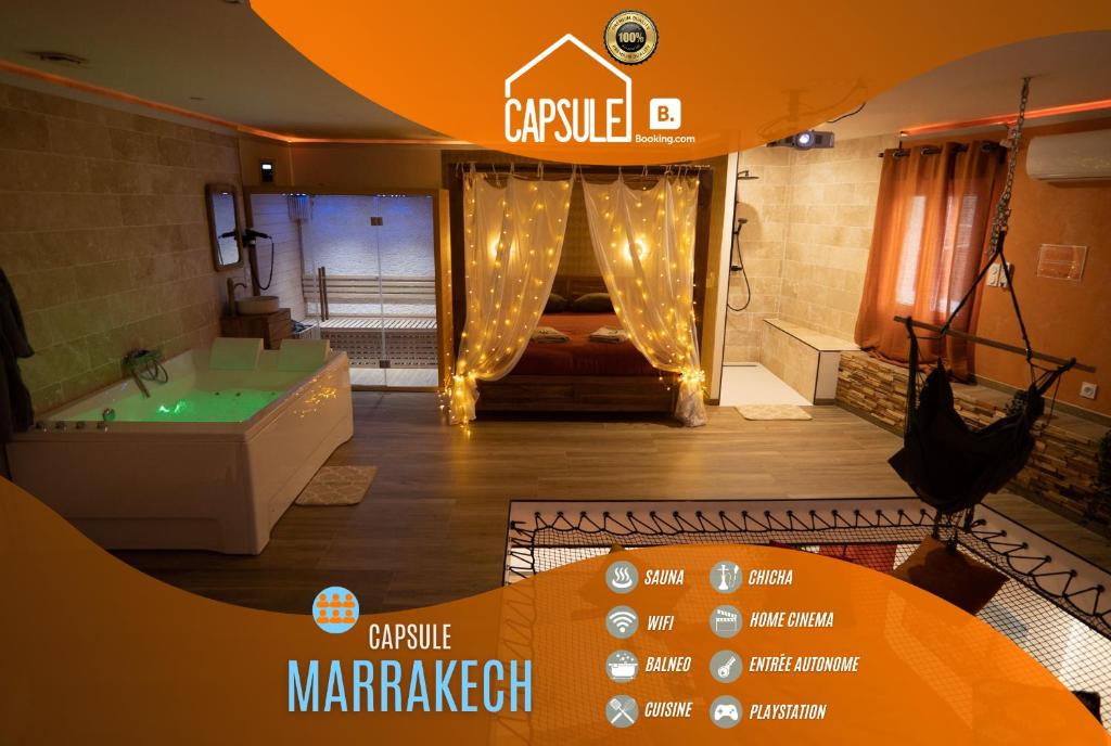 Trith-Saint-LégerCapsule Marrakech I Chicha I Sauna I Balnéo I Console PS5 I Cinéma的一间大房间,内设浴缸和一张床