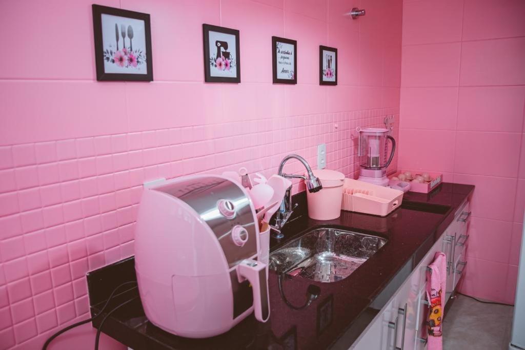 瓜拉派瑞Apartamento rosa的粉红色的浴室设有水槽和吹风机