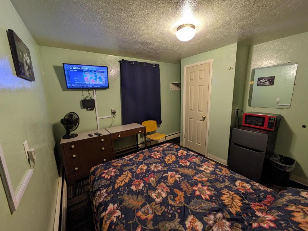 Howard CityTour Inn Motel的一间卧室配有一张床、一张书桌和一台电视。