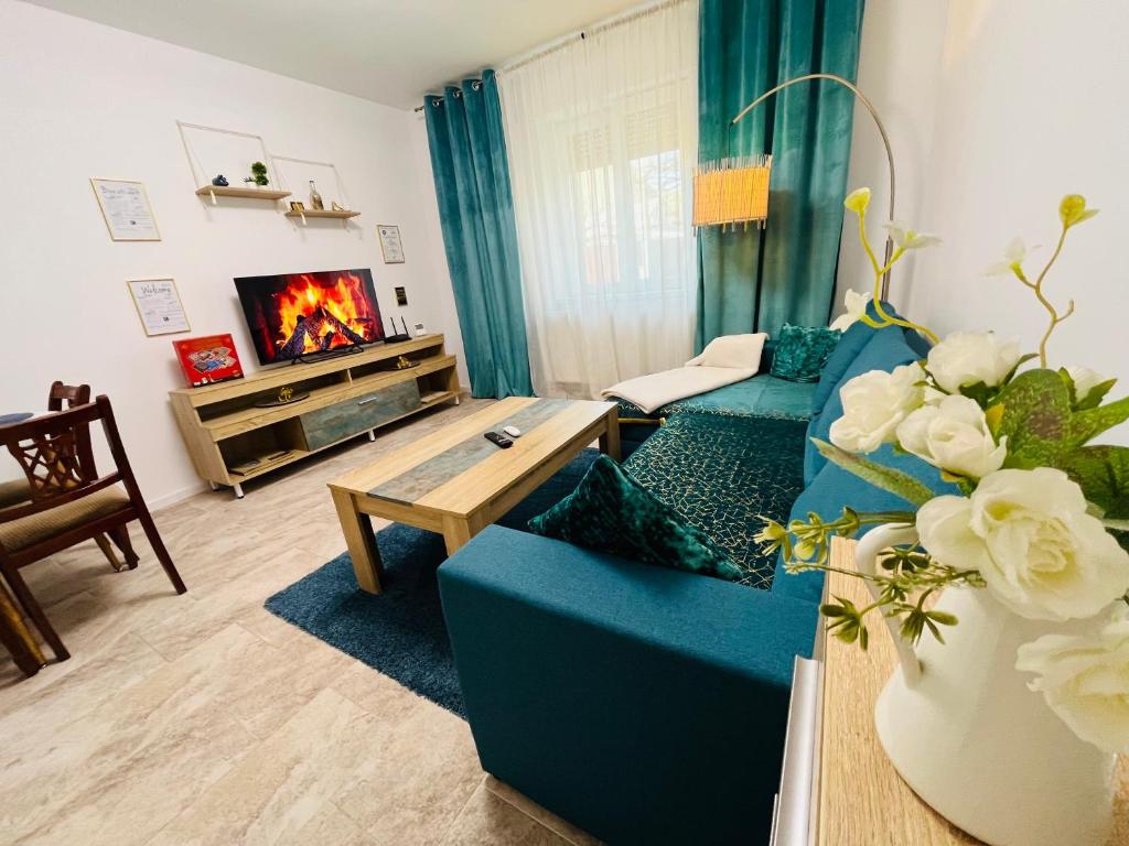蒂米什瓦拉Sal Apart的客厅设有蓝色的沙发和壁炉