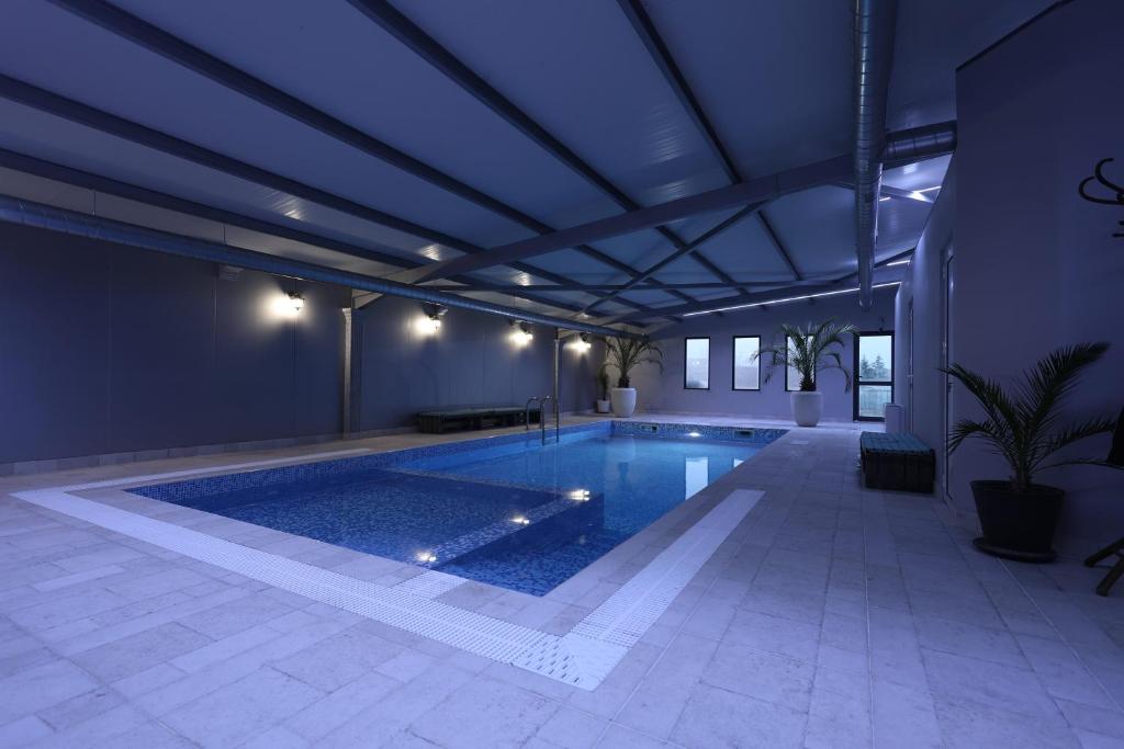 Byal IzvorGuest House KOLESHEVI的蓝色天花板建筑中的游泳池