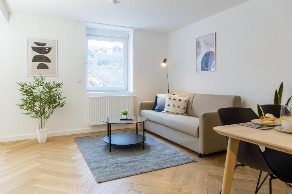 萨巴赫瓦登Adler Apartments Sasbachwalden的客厅配有沙发和桌子