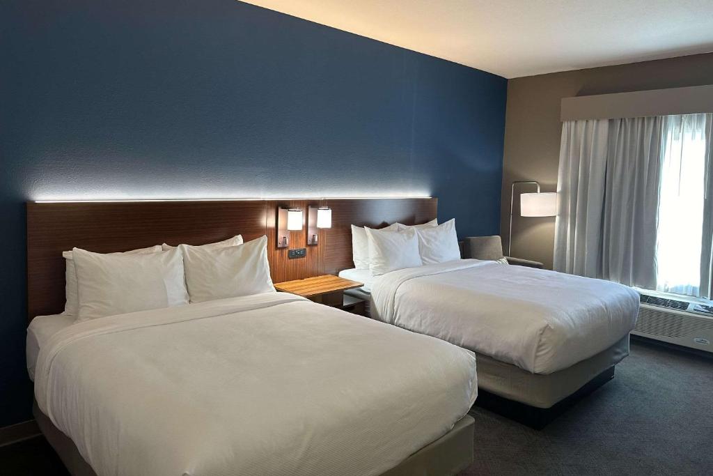 亚克朗Comfort Inn & Suites Akron South的酒店客房设有两张床和窗户。
