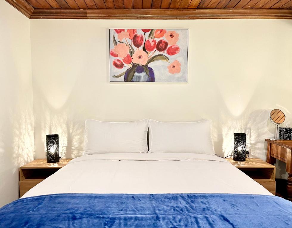 但尼丁Opoho Heritage Guest Suite的一间卧室配有一张床、两盏灯和一幅画