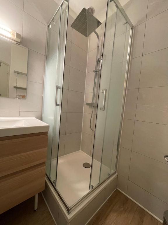 巴涅尔德比戈尔DUPLEX N°3 AU COEUR DE BAGNERES DE BIGORRE的浴室里设有玻璃门淋浴