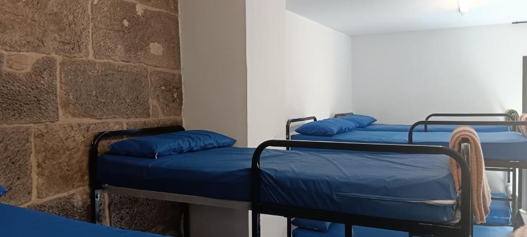 洛格罗尼奥圣地亚哥阿波斯托尔旅馆的客房内的三张床和蓝色枕头