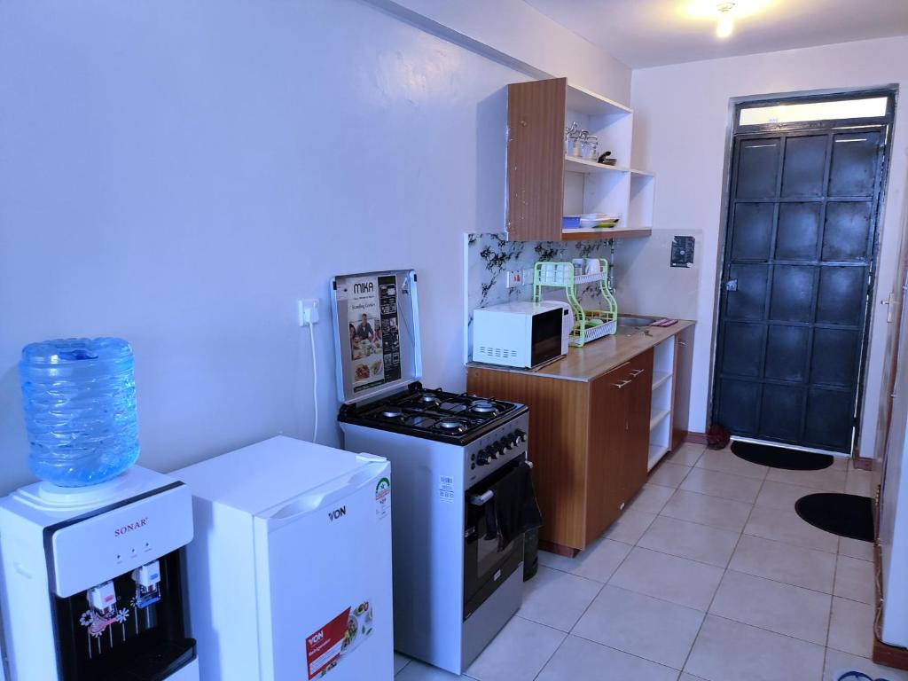 内罗毕Baibai Homes的小厨房配有炉灶和冰箱
