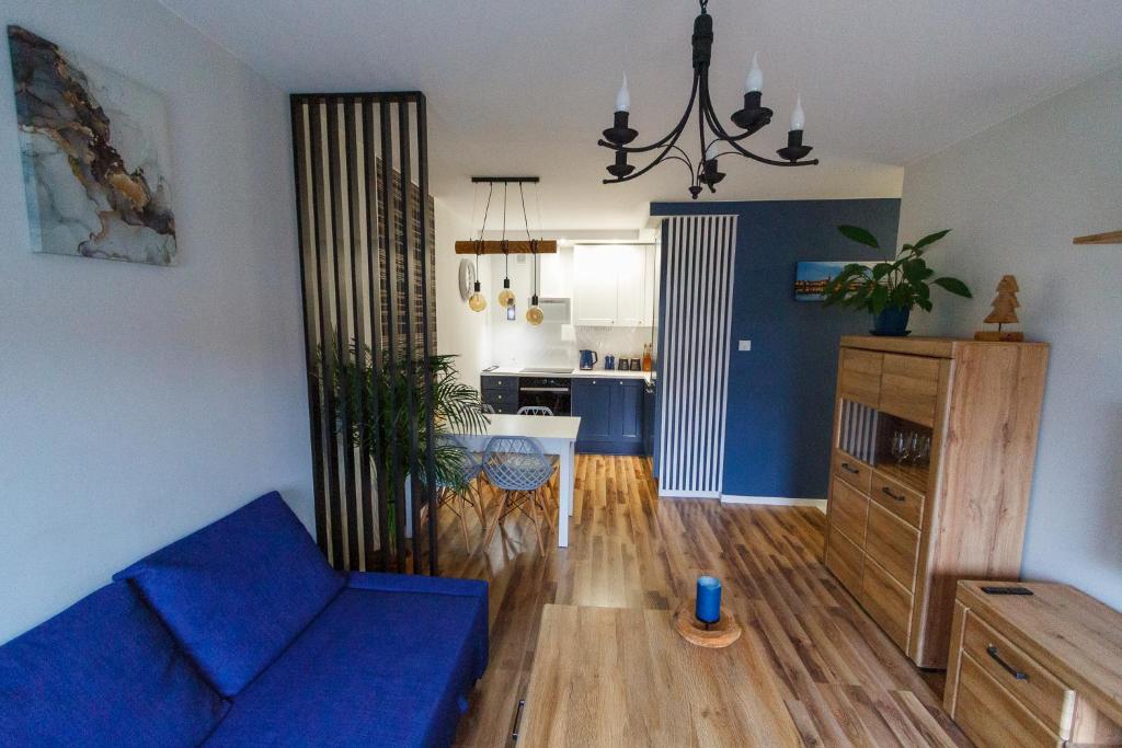 弗沃茨瓦韦克South House的一间带蓝色沙发的客厅和一间厨房
