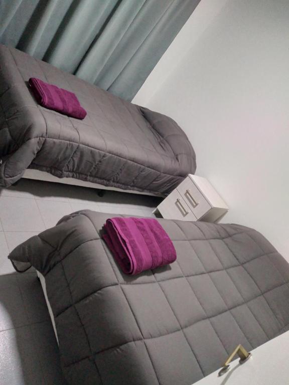 Puerto Santa CruzAlojamiento laura的床上有两张紫色枕头