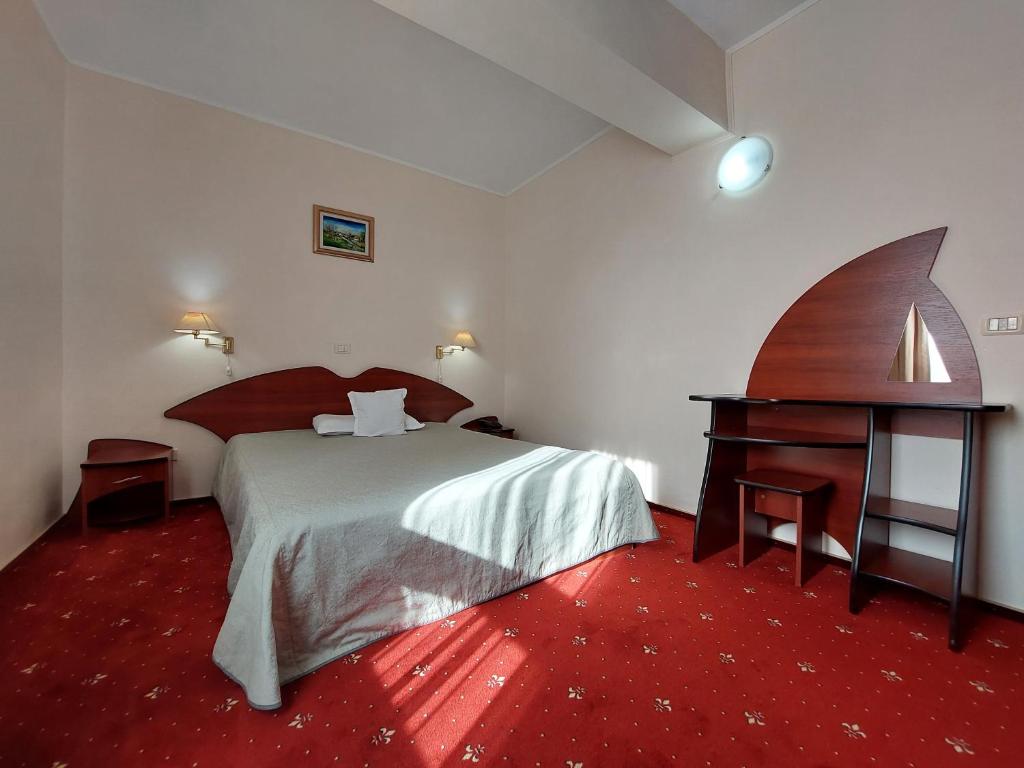 图尔恰伊格力塔酒店的酒店客房带一张床和一架钢琴