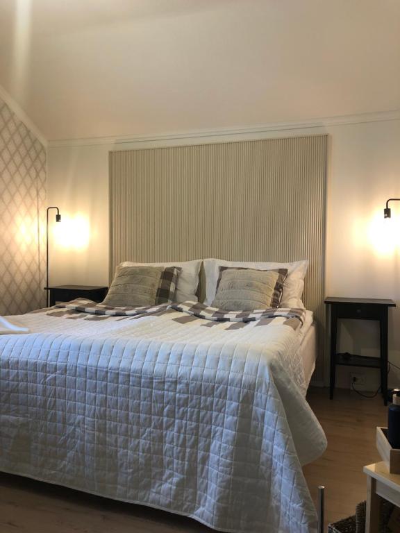 劳马Haus Anna的一间卧室配有一张带两盏灯的大型白色床。