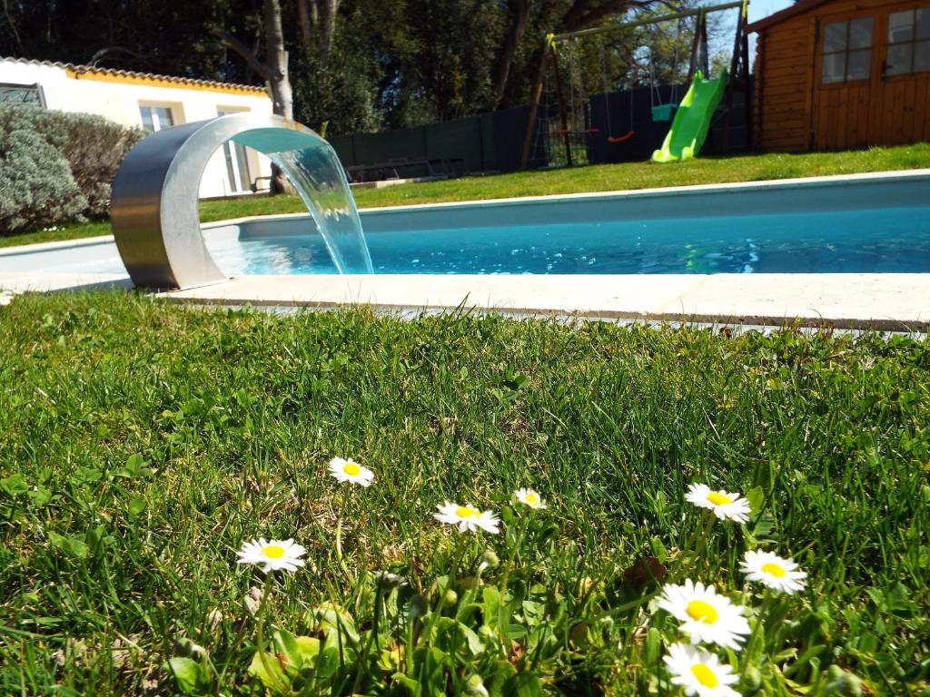 阿维尼翁Maison de 2 chambres avec piscine partagee jardin clos et wifi a Avignon的游泳池旁草地上的喷泉