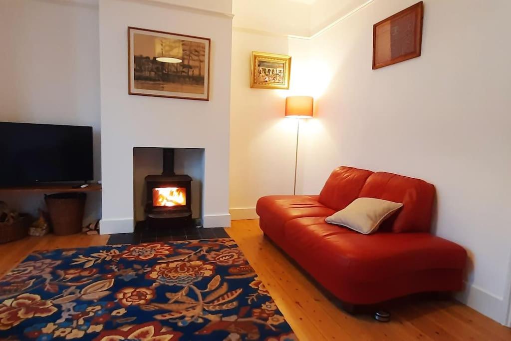 沃特福德Stylish Victorian House的客厅设有红色的沙发和壁炉