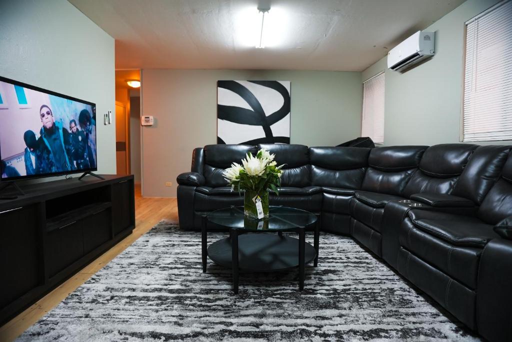 塔穆宁City Lights 143的客厅配有黑色真皮沙发和电视