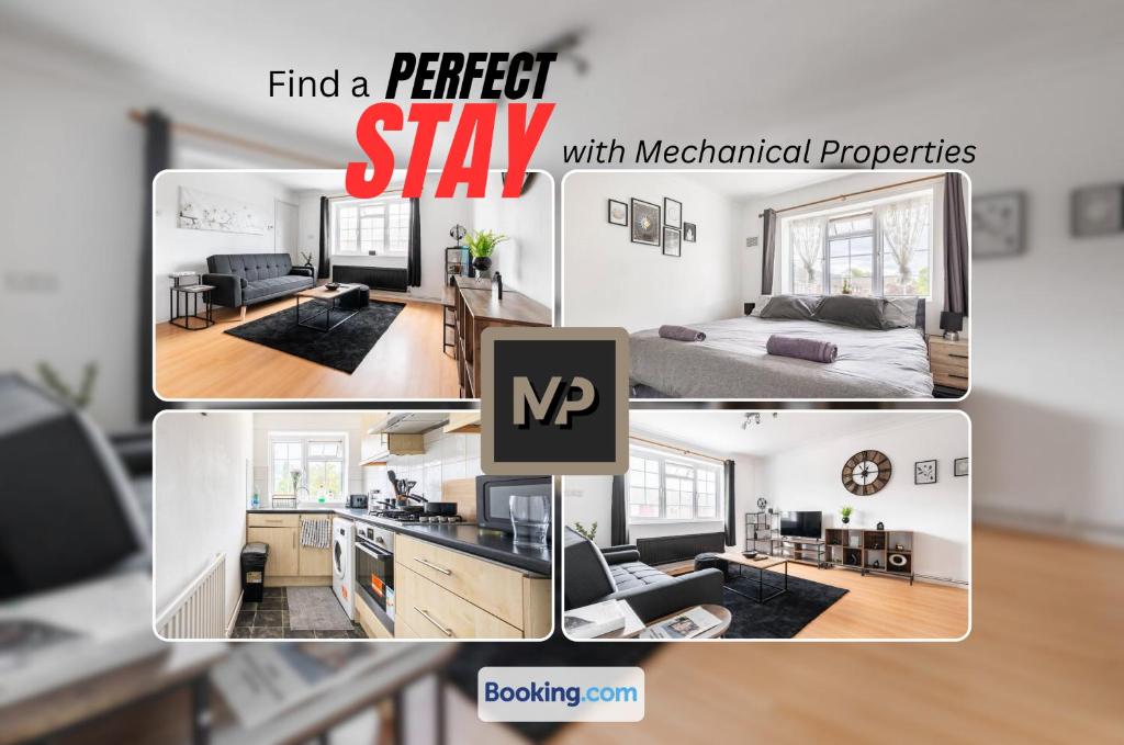 埃普瑟姆Luxury Apartment By Mechanical Properties Short Lets and Serviced Accommodation Epsom with Parking的卧室和厨房图片的拼合