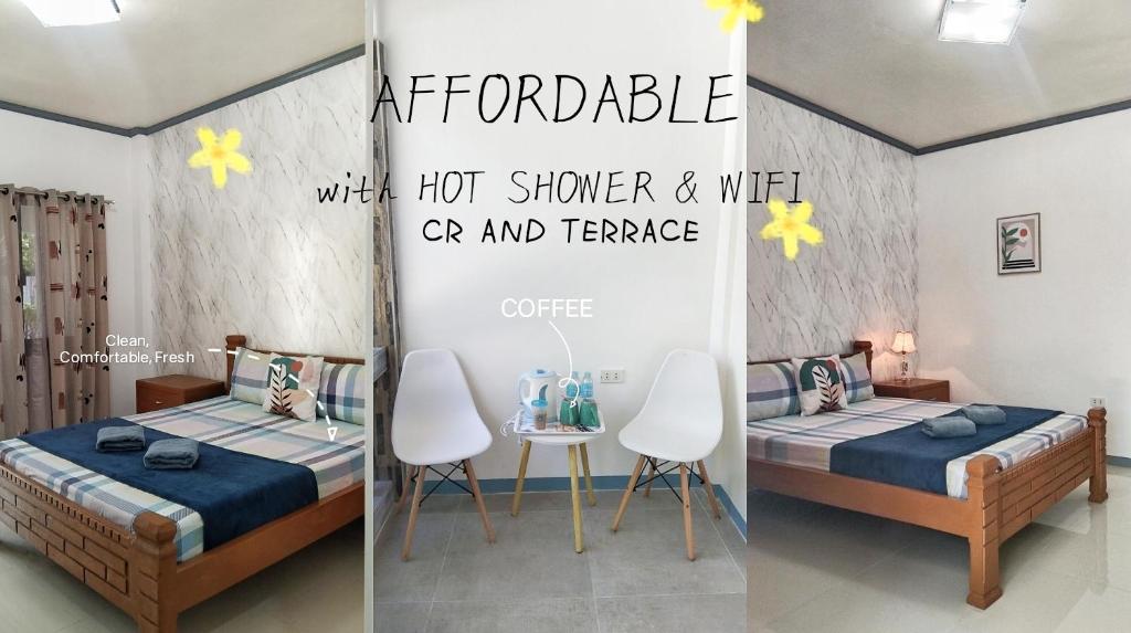 马拉帕斯加ELEN INN - Malapascua Island Air-conditioned Room2的一间卧室配有两张床和一张桌椅