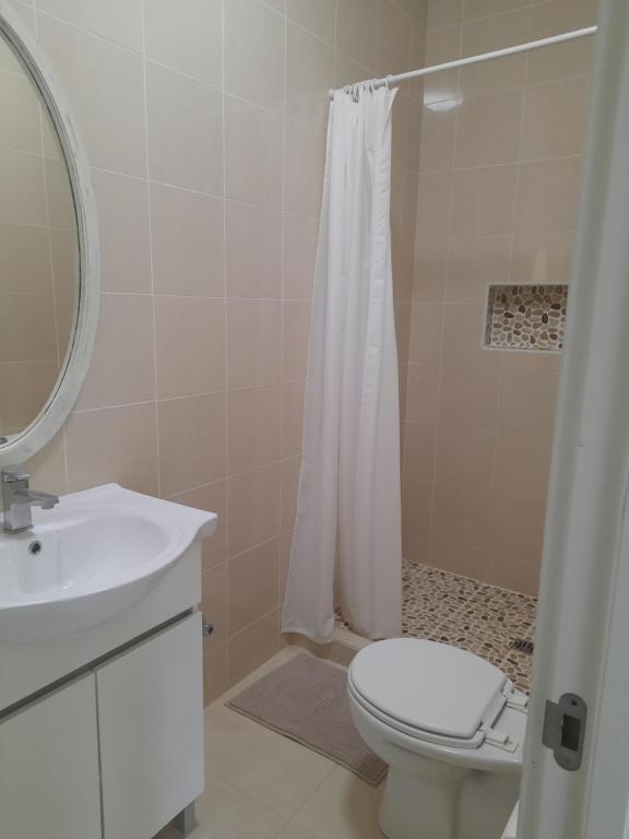 蓬塔杜欧鲁Tropicana guesthouse的浴室配有卫生间、盥洗盆和淋浴。