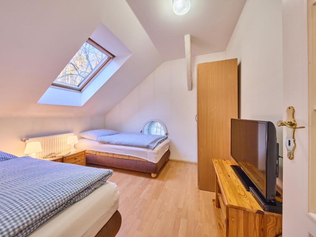扬斯凯拉兹涅Apartment Villa Belvedere-9 by Interhome的阁楼卧室配有两张床和电视。