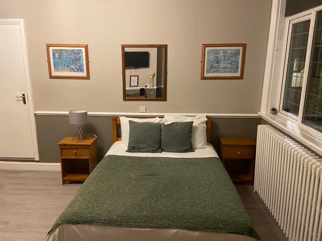埃尔沃斯天鹅旅馆的一间卧室配有一张带绿毯的床